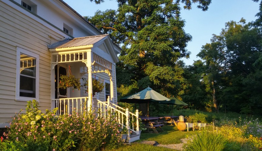Brunch and dinner are served inside the 1820s farmhouse, or outdoors at picnic tables overlooking a mountain view. Photo by Catskill Eats